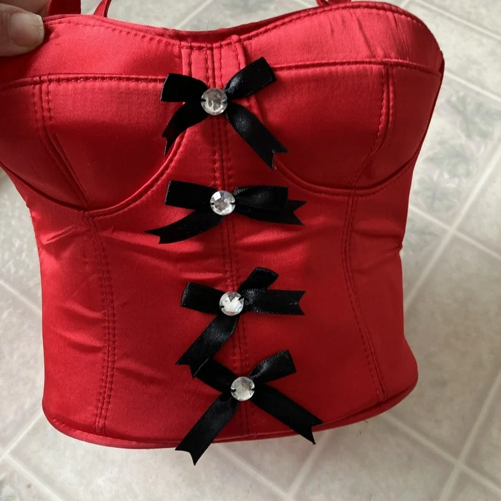 Vintage Red Corset Purse Red hat Society queen label Black Bow Embellished